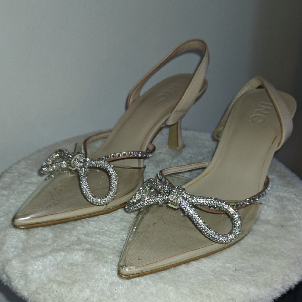 INC International Concepts Tan Slingback Heels with Rhinestone Bow